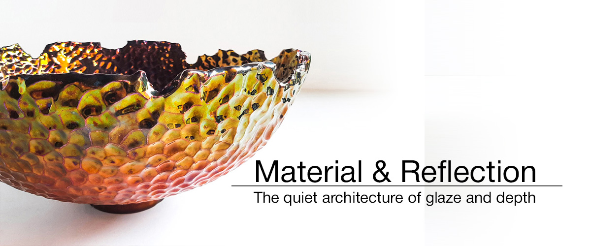 Handmade lustreware ceramic bowl with textured glaze and reflective surface — Terralux collection by Hirkan, from the article Material & Reflection: The quiet architecture of glaze and depth.